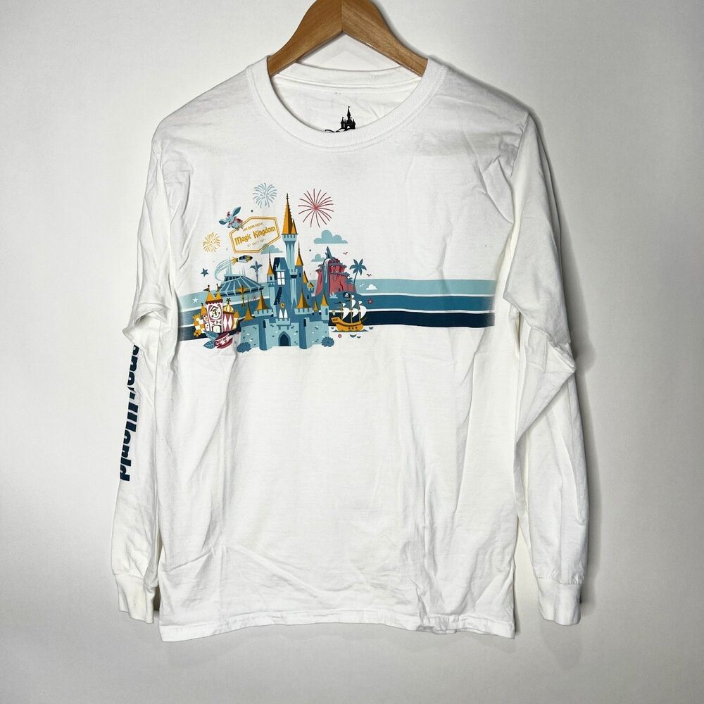 Disney Parks Long Sleeve Crew Neck T-Shirt Castle Sleeve Graphic Adult Small